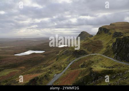 Scottish landscape seen from The Quiraing, on the Isle of Skye, Scotland, United Kingdom. Stock Photo