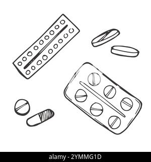 Hand drawn medicine pills, tablet, capsule and package bottle isolated on white background. Pills cartoon Stock Vector