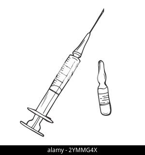 Syringe and ampoule doodle style vector illustration isolated on white background. Vaccination graphics Stock Vector
