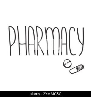 Hand drawn medical and pharmacy banner template with cartoon medical elements, stethoscope, thermometer, medicines. Doodle sketch style. Illustration Stock Vector