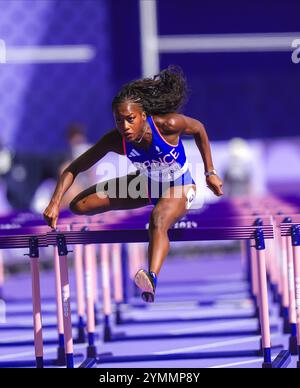 Cyréna Samba-Mayela participating in the 100 meters hurdles at the Paris 2024 Olympic Games. Stock Photo