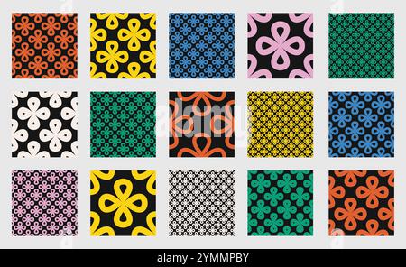 Seamless vector pattern set with clover like flower shapes in outline, contour, and minimal style on dark backgrounds. Modern geometric design, perfec Stock Vector