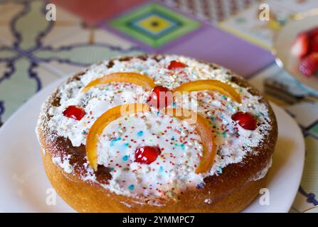 sweet casatiello from Naples,  traditional cake prepared with mother yeast for Easter and decorated with colored sprinkles and candied, Italy Stock Photo