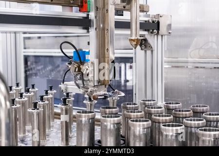 Close up view of a high technology automation machine in a factory, or testing center, or research and development laboratory. Stock Photo