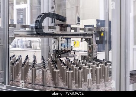Close up view of a high technology automation machine in a factory, or testing center, or research and development laboratory. Stock Photo