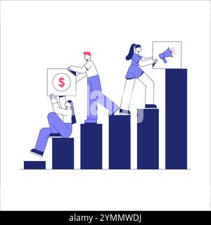 Team Members Building Bar Graph In Flat Vector Illustration Symbolizing Growth, Teamwork, And Success, Isolated On White Background. Stock Vector