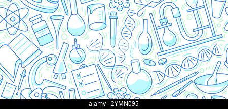 Chemistry and microbiology, dna line seamless pattern. Laboratory studies, microscope, reaction tube. Vector doodle background Stock Vector