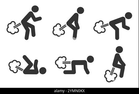 Stick man Farting icon symbol. Humor fart blowing wind sign logo. Human figure various postures. Vector illustration image. Isolated on white backgrou Stock Vector