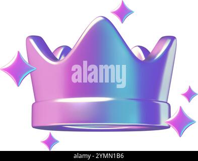 3d crown holographic y2k vector illustration. Pink and purple metallic gradient emoji with sparkles isolated on white background. Stock Vector