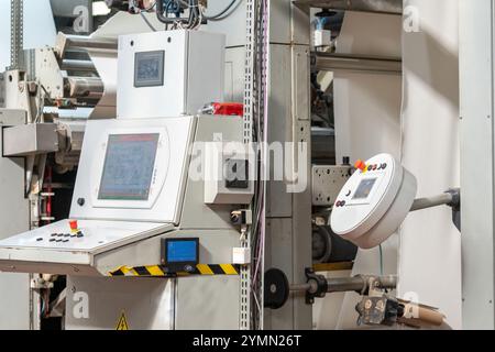 Close up view of control panel of a machine in a factory. Stock Photo