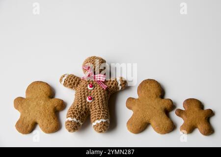 wool gingerbread man handmade chrochet near some gingerbread biscuits, copy space Stock Photo