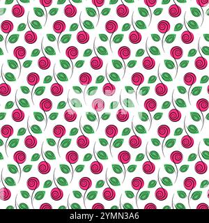 Stylized rose Seamless Pattern in trendy bright pink and green. Springtime floral background texture. Isolated Vector illustration Wrapping, wallpaper or web promo, Thematic cards, posts, blog, banner Stock Vector