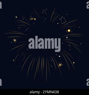 Night sky background frame isolated design element. Place for text. Stars, constellations, planets, and beams. Vector illustration Stock Vector