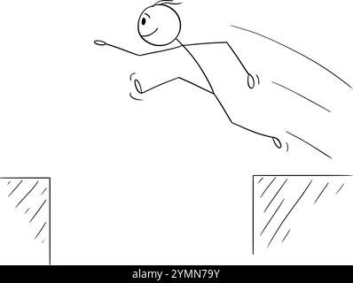 Person jumping over the pit or abyss, vector cartoon stick figure or character illustration. Stock Vector