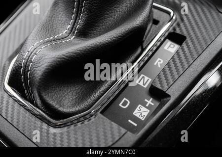 Close-up view of an automatic gear shift lever of a car. Stock Photo