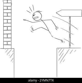 Person overcoming obstacle, jumping over abyss , vector cartoon stick figure or character illustration. Stock Vector