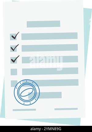 Signed paper form with checkboxes and blue stamp mark isolated on white background Stock Vector