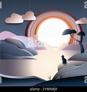 landscape in Paper Cutout style.Cat looking at sunset. Vector illustration Stock Vector