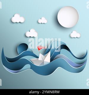 A paper boat sails on the waves with a red flag. Landscape in the style of Paper Cutout. Vector illustration Stock Vector