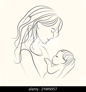 Young woman holding sleeping baby in her arms, side view. Art Line Vector Illustration. On a White Background Stock Vector