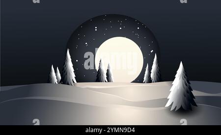Winter forest Illuminated by the moon. Paper cutout style, vector illustration Stock Vector