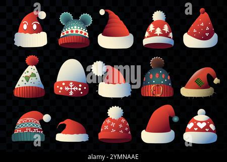 A set of winter, New Year's, multi-colored hats. Vector illustration, for creating postcards, posters Stock Vector