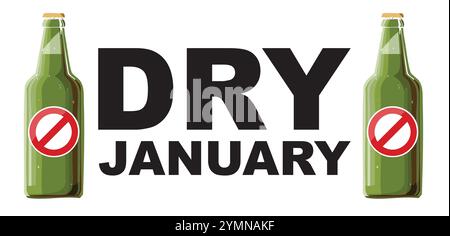 Dry January vector illustration featuring two crossed-out beer bottles and bold text, promoting a healthy alcohol-free lifestyle during January Stock Vector