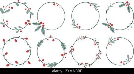 Set of botanical frames in doodle sketch style. Round wreaths with leaves, holly, fir needles and berries. Simple hand drawn circle rims collection Stock Vector