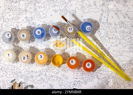 Paints and brushes for painting by numbers. Top view. Stock Photo