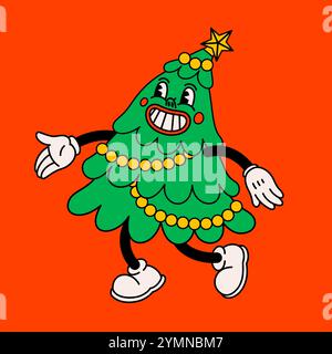 Retro style Christmas card with groovy Christmas tree. Groovy vintage funny christmas tree with happy face. Ideal for Christmas and New Year sticker Stock Vector