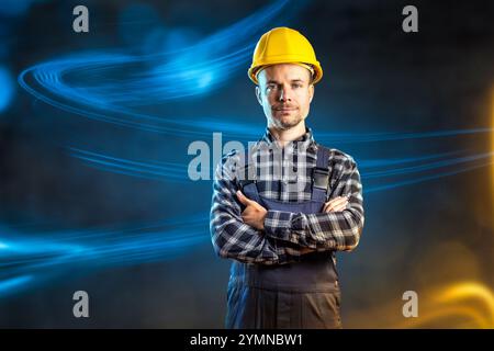 Construction worker portrait with glowing light effect Stock Photo