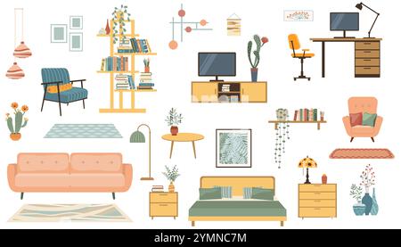 Furniture collection for modern home interior design. Trendy house decor, sofa, potted plant, armchair, vase and lamp. Stock Vector