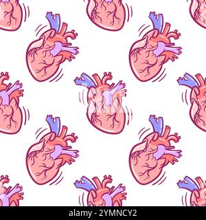 A detailed, hand-drawn illustration of a realistic anatomical heart in a doodle style. This sketch seamless pattern can be used as a For wallpaper Stock Vector