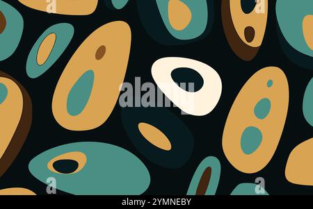 beautiful seamless pattern with ovals on blue, brown and black, in the style of tarsila do amaral, light emerald and light beige, 1960s Stock Vector