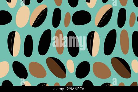 beautiful seamless pattern with ovals on blue, brown and black, in the style of tarsila do amaral, light emerald and light beige, 1960s Stock Vector