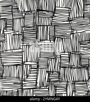 Black and white, hand-drawn seamless pattern of large, woven wicker lines Stock Vector