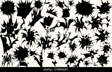 Black and White Ink Splatter Abstract Art. Chaotic Ink Pattern, Random Inkblots on White Background. Sharp Edge Ink Splatter Vector Graphic Stock Vector