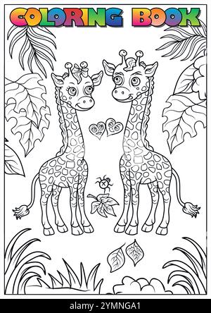 Black and white illustration of two cute giraffes standing in the jungle, surrounded by hearts, leaves, and a spider, designed as a coloring page for Stock Vector