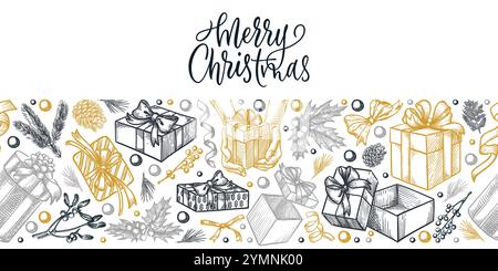 Seamless horizontal background with Christmas and New Year gifts and decorations. Vector hand drawn sketch illustration. Winter holiday banner, poster Stock Vector