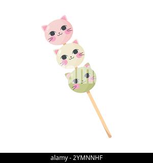 Mochi dango sweet dessert. Traditional Japanese sweet wagashi food. Cute kawaii cat dango. Vector illustration Stock Vector