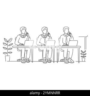 People character activity Business coworkers with laptop black and single continuous line drawing Arabian boy and girl students studying with laptop a Stock Vector