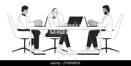 Business team of multiethnic employees working on laptops black and white 2D line characters Stock Vector