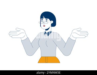 Unsure business casual asian woman shrugging shoulders 2D cartoon character Stock Vector