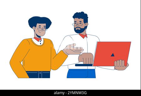 Diverse colleagues interaction laptop 2D cartoon characters Stock Vector