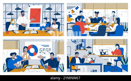 Teamwork meetings cartoon flat illustrations set Stock Vector