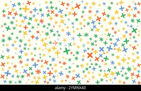 Colorful Abstract Crosses and Asterisks Pattern. Playful Design with Blue, Green, Yellow, and Red Elements on a Light Background Stock Vector