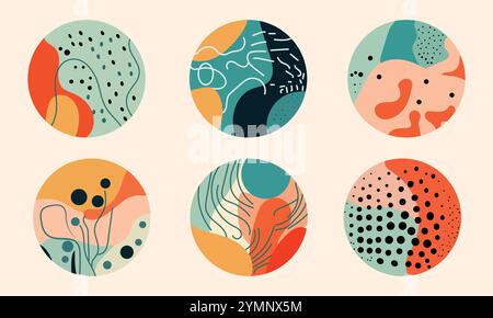 Circular Abstract Patterns and Backgrounds - Hand-drawn Splashes, Swirls, and Lines for Trendy Posters, Social Media Icons, and More Stock Vector