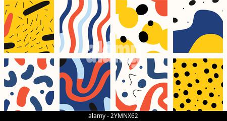 Colorful abstract doodle shape seamless pattern set. Creative minimalist style art background collection, trendy design with basic shapes Stock Vector