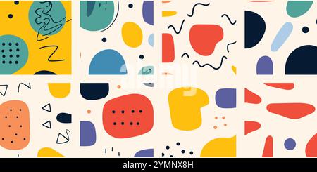 Colorful abstract doodle shape seamless pattern set. Creative minimalist style art background collection, trendy design with basic shapes Stock Vector