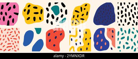 Colorful abstract doodle shape seamless pattern set. Creative minimalist style art background collection, trendy design with basic shapes Stock Vector